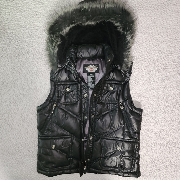 Harley Davidson , Faux Fur , Down Filled Hooded Vest Jacket - Picture 13 of 16